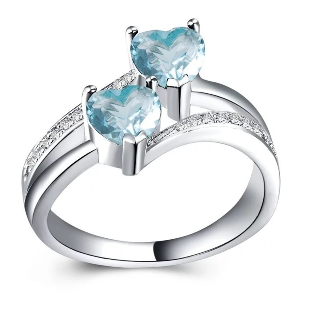 New 925 Silver Two Hearts Shape Aquamarine Ring - Picture 3 of 3